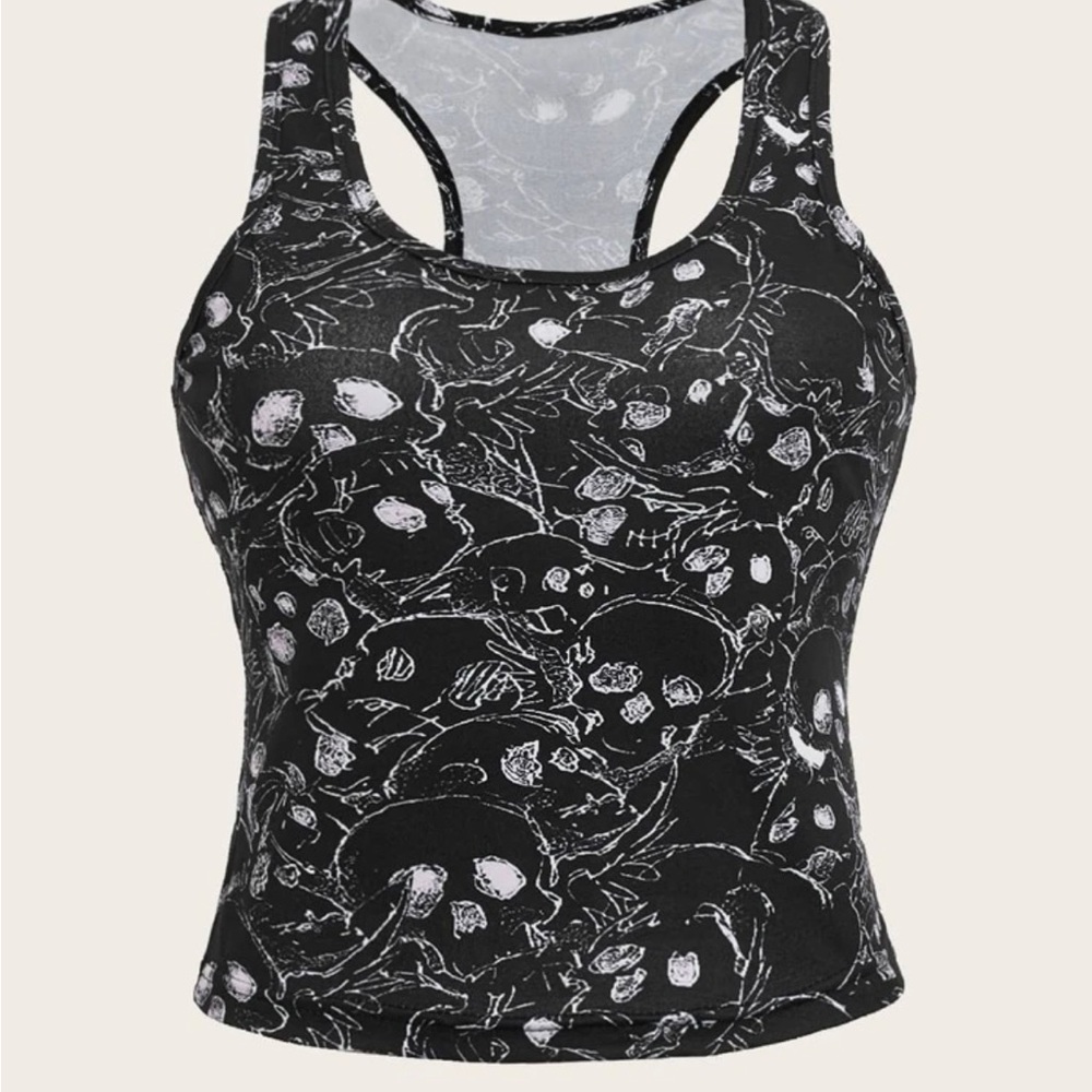 NWT black racer back crop tee with white skulls